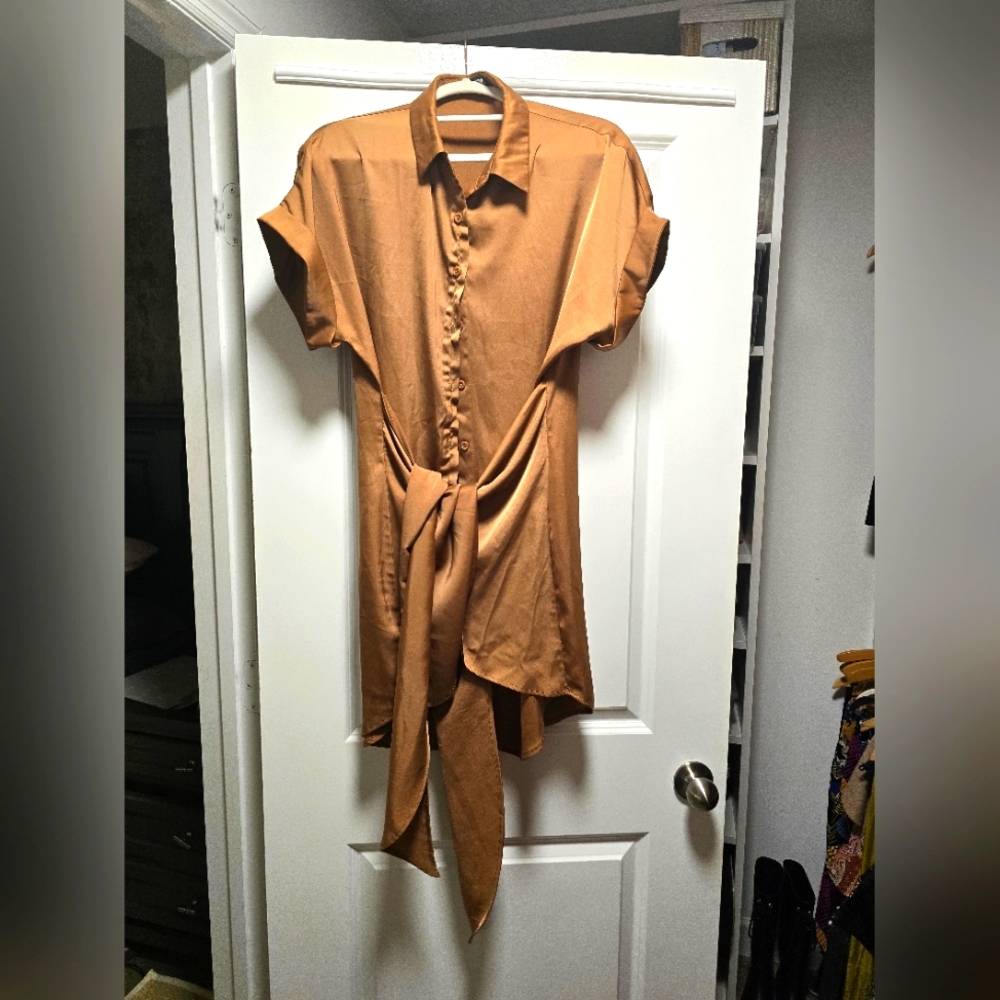 Satin Brown dress with tie-front detail